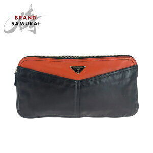 PRADA triangular logo plate black orange leather clutch Shoulder bag